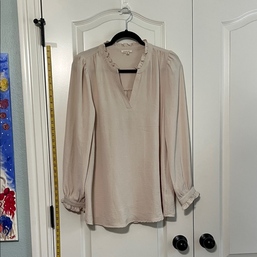 JODIFL Light Beige Ruffle Trim V-Neck Long Sleeve Blouse